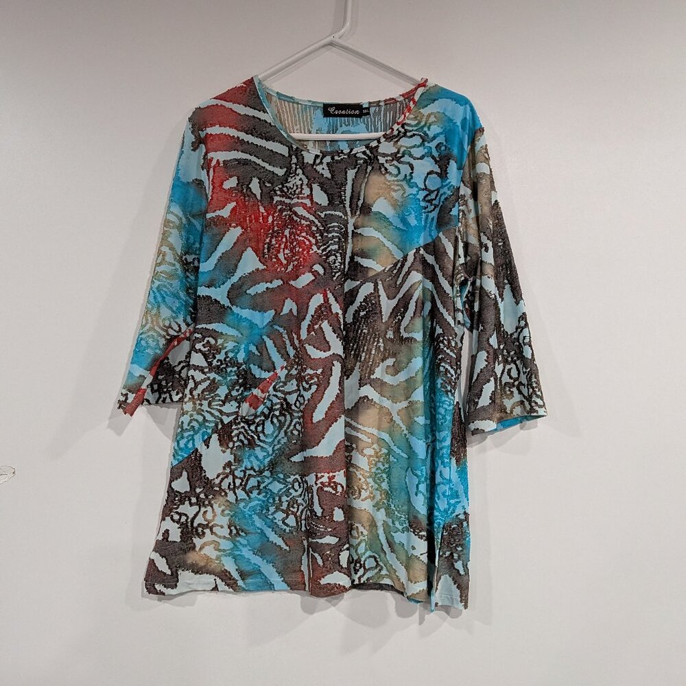 Creation Flocked 3/4 Sleeve Blouse with Pocket Turquoise Brown Rust Size XXL